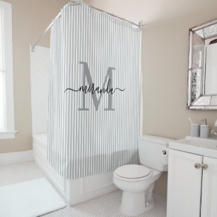 Rideaux De Douche Moderne Monogramme Nom Rayures Grises et Blanches