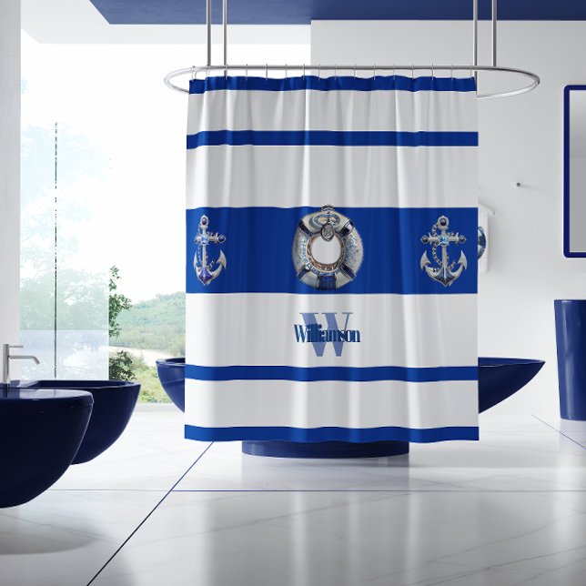 Rideaux De Douche Moderne tendance Nautique Bleu et Blanc Long (Créateur téléchargé)