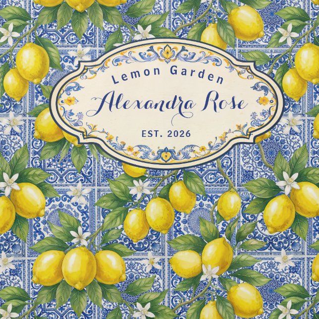 Rideaux De Douche Monogram Name Lemon Blue French Country Tile  (Créateur téléchargé)