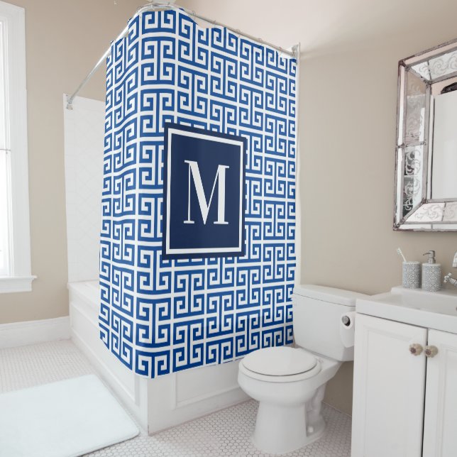 Rideaux De Douche Monogramme à clé grecque bleue et blanche (En situation)