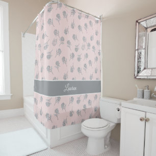 Rideaux De Douche Monogramme à motif floral d'hortensia rose poudré