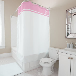 Rideaux De Douche Monogramme à rayures blanches et roses simple et j