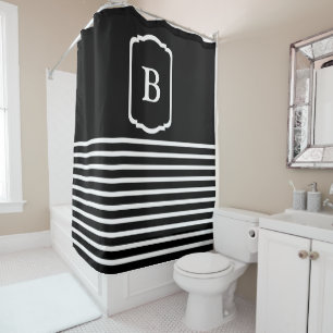 Rideaux De Douche Monogramme à rayures horizontales noires et blanch