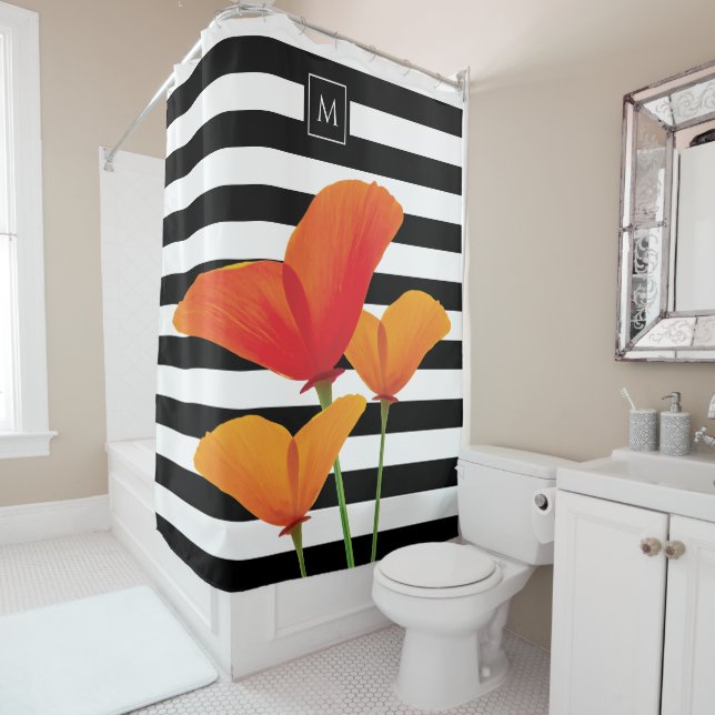 Rideaux De Douche Monogramme à rayures noires chic (En situation)