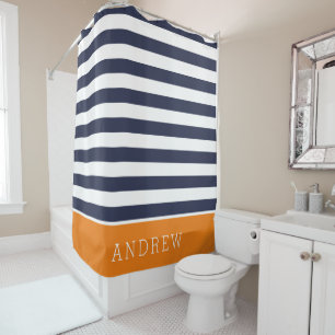 Rideaux De Douche Monogramme à rayures orange et marine