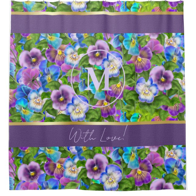 Rideaux De Douche Monogramme Anniversaire Pansy Violet Fleurs Aquare (Devant)