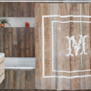 Rideaux De Douche Monogramme au look bois rustique vieilli et patiné
