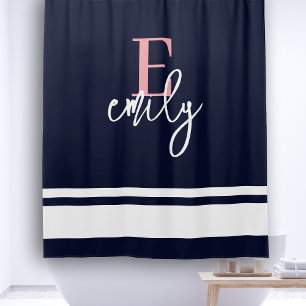 Rideaux De Douche Monogramme Bandes Nautiques Marine Rose Blanc