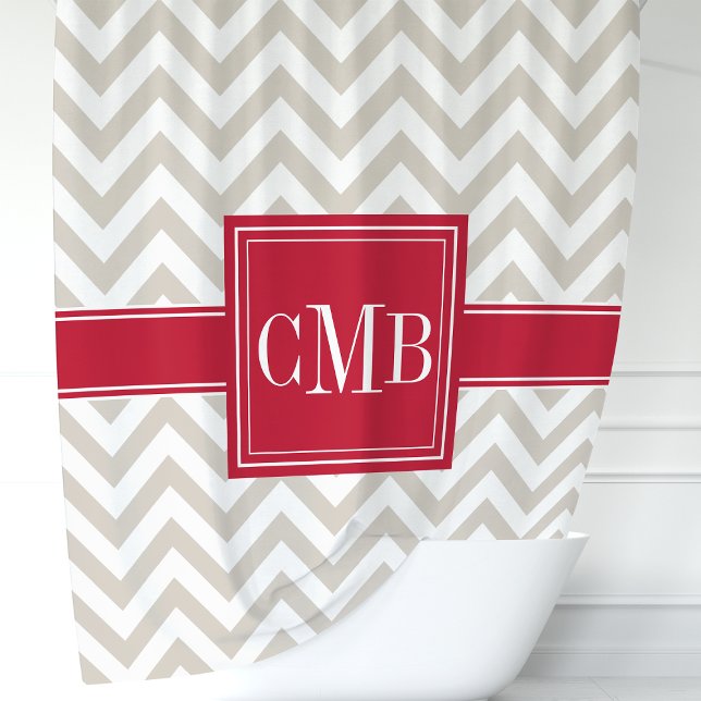 Rideaux De Douche Monogramme beige et rouge Chevron (Créateur téléchargé)