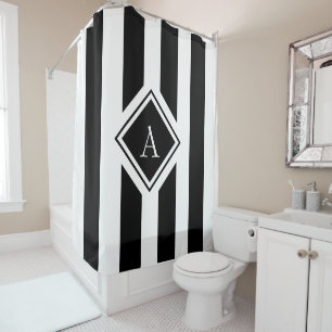 Rideaux De Douche Monogramme blanc noir élégant de rayures