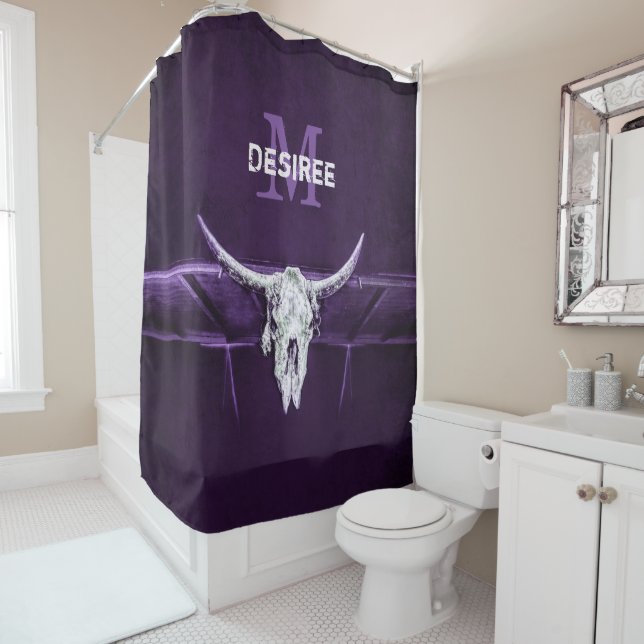 Rideaux De Douche Monogramme blanc pourpre pourpre de vache taureau  (En situation)