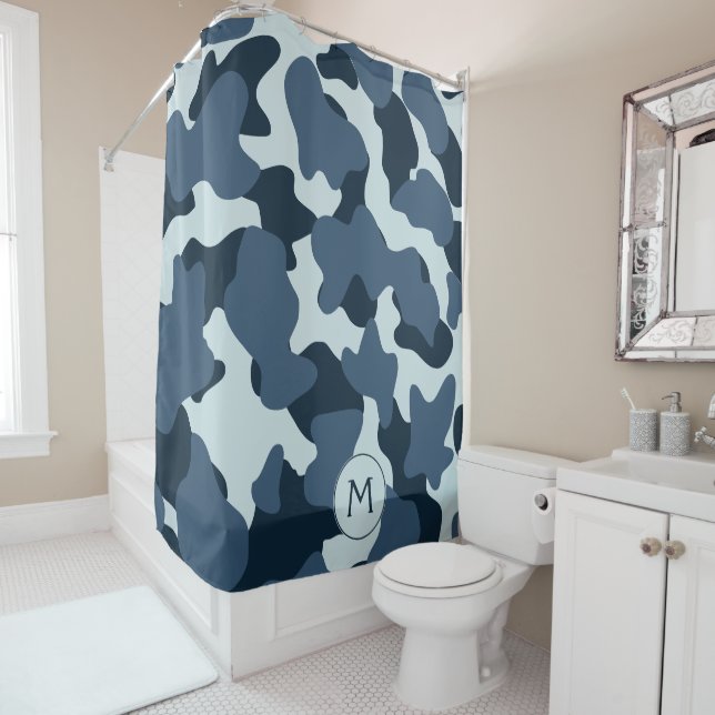 Rideaux De Douche Monogramme Bleu Grandes taches de vache (En situation)