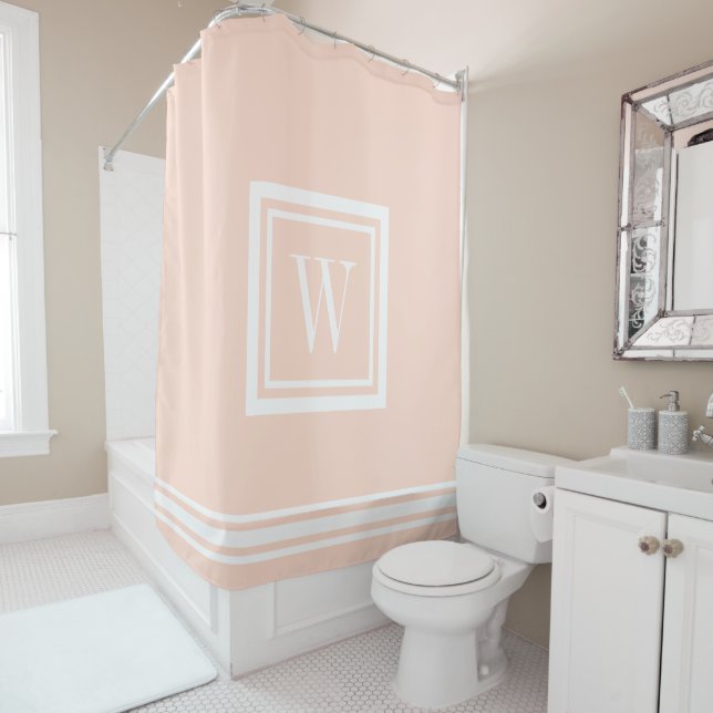 Rideaux De Douche Monogramme Carré classique rose et blanc (En situation)