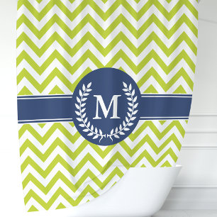 Rideaux De Douche Monogramme Chevron Vert et Bleu Marine