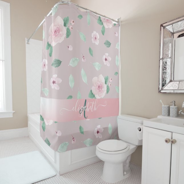 Rideaux De Douche Monogramme Chic Fleurs Aquarelles (En situation)