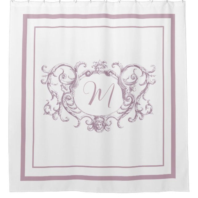 Rideaux De Douche Monogramme classique de bordure rose poussiéreux (Devant)