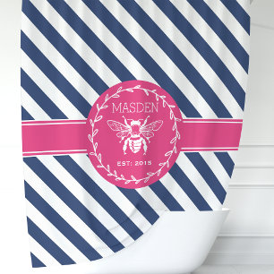 Rideaux De Douche Monogramme d'abeille miel rayures rose chaud et ma