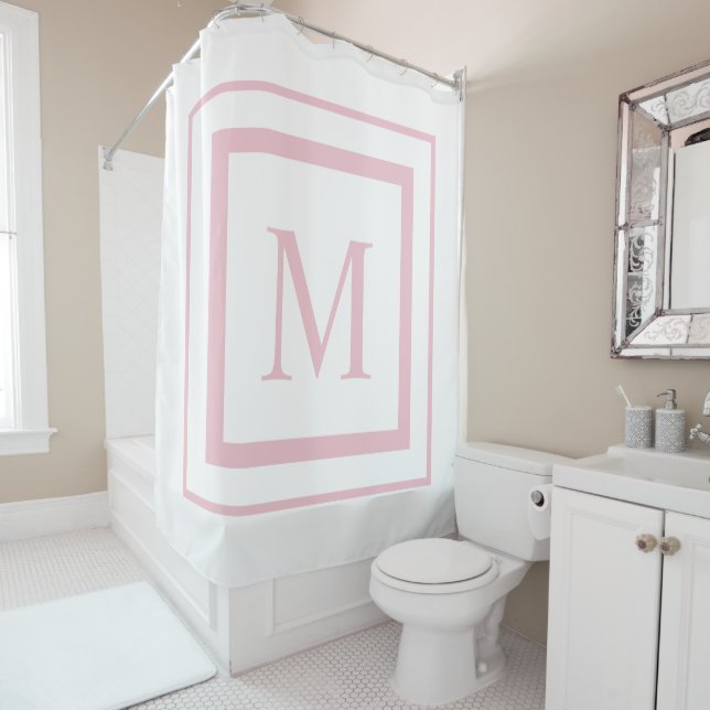 Rideaux De Douche Monogramme de bordure Rose et blanc (En situation)
