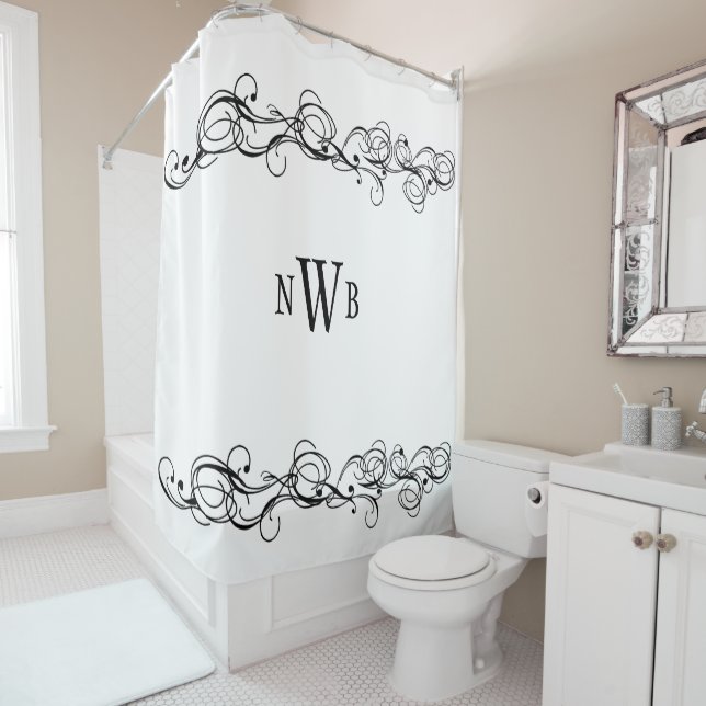Rideaux De Douche Monogramme de bordure Tourbillonnant stylisée (En situation)