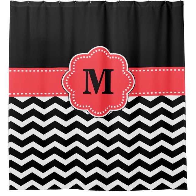 Rideaux De Douche Monogramme de corail noir de chevron (Devant)