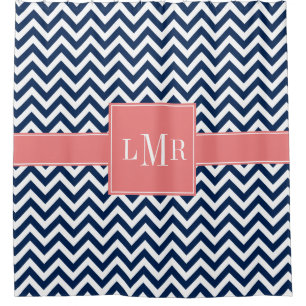 Rideaux De Douche Monogramme de Coral et Navy Chevrons bleus