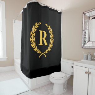 Rideaux De Douche Monogramme de couronne de laurier noir et or