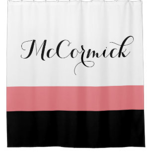 Rideaux De Douche Monogramme de famille de rayures blanches roses mo
