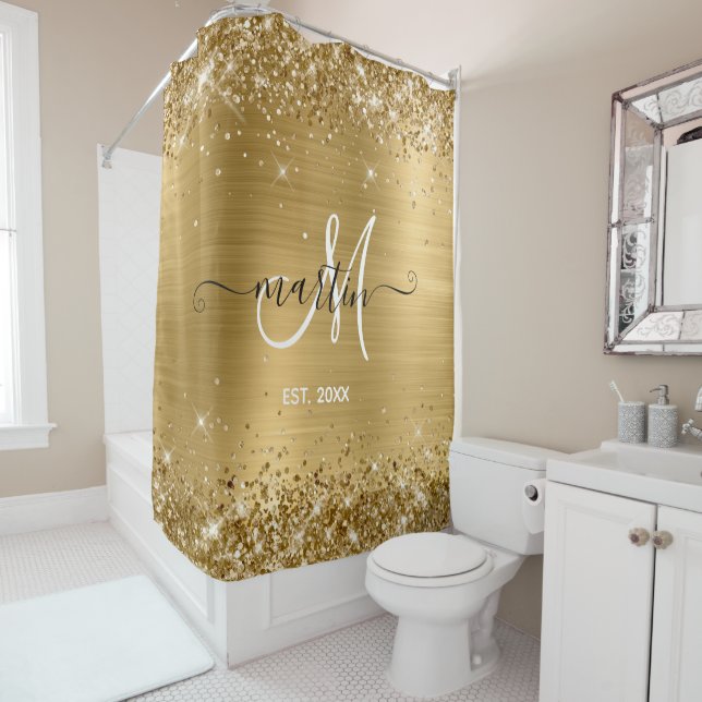 Rideaux De Douche Monogramme de famille en feuille d'or scintillant (En situation)
