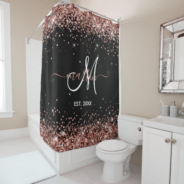 Rideaux De Douche Monogramme de famille Paillettes Or Rose Noir (En situation)