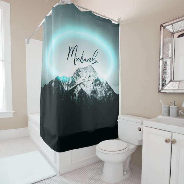 Rideaux De Douche Monogramme de lumière de néon bleu mystérieux de m (En situation)