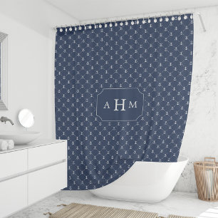 Rideaux De Douche Monogramme de Motif d'Ancres de marine et blanc