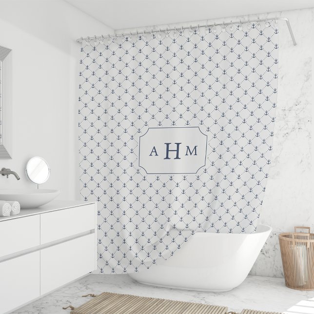 Rideaux De Douche Monogramme de Motif d'Ancres de marine et blanc (Créateur téléchargé)