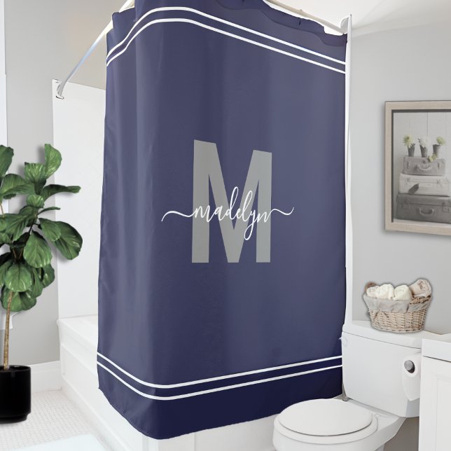 Rideaux De Douche Monogramme de nom élégant bleu marine (Elegant Name Monogram Navy Blue Shower Curtain)