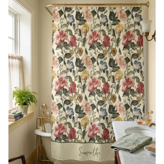 Rideaux De Douche Monogramme de nom floral vintage (Créateur téléchargé)
