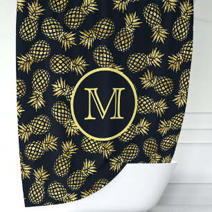 Rideaux De Douche Monogramme de Pineapple Bleu Marine et Or