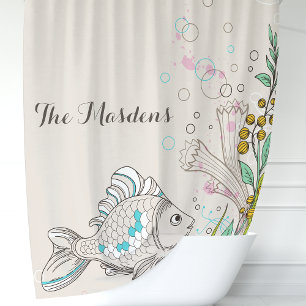 Rideaux De Douche Monogramme de poissons nautiques algues corail océ
