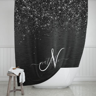 Rideaux De Douche Monogramme d'étincelle à Parties scintillant noire