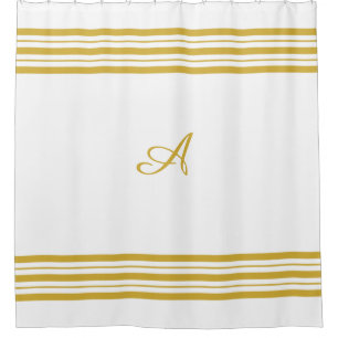 Rideaux De Douche Monogramme d'or métallique et barres sur blanc