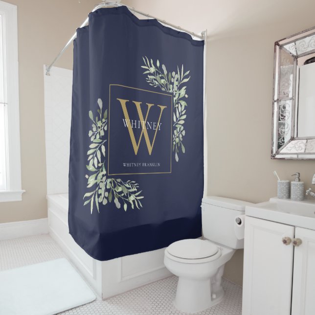 Rideaux De Douche Monogramme d'or personnalisé Vert Marine Bleu (En situation)