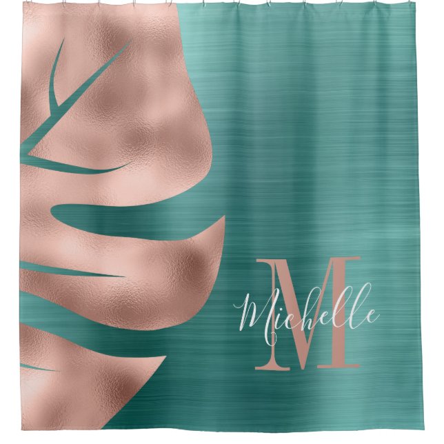 Rideaux De Douche Monogramme élégant feuille de palmier verte or ros (Devant)