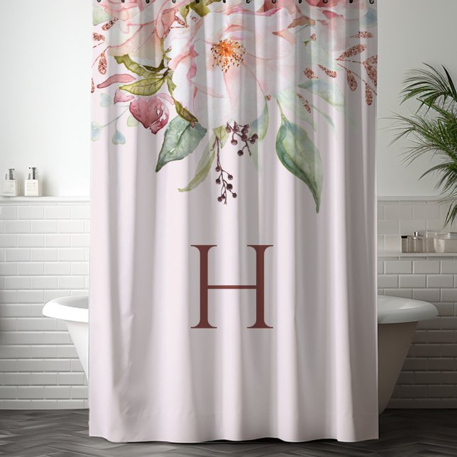 Rideaux De Douche Monogramme Elégant rose Peony Floral (In situ)
