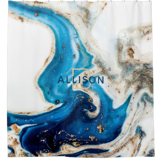 Rideaux De Douche Monogramme en marbre bleu blanc Abstrait (Devant)
