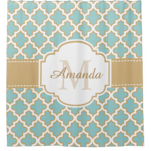 Rideaux De Douche Monogramme en treillis marocain Élégant or Turquoi