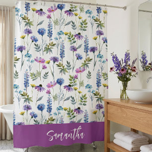 Rideaux De Douche Monogramme Fleur Sauvage Aquarelle Bleu Violet