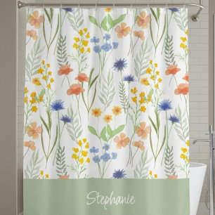 Rideaux De Douche Monogramme Fleur Sauvage Aquarelle Orange Jaune Bl