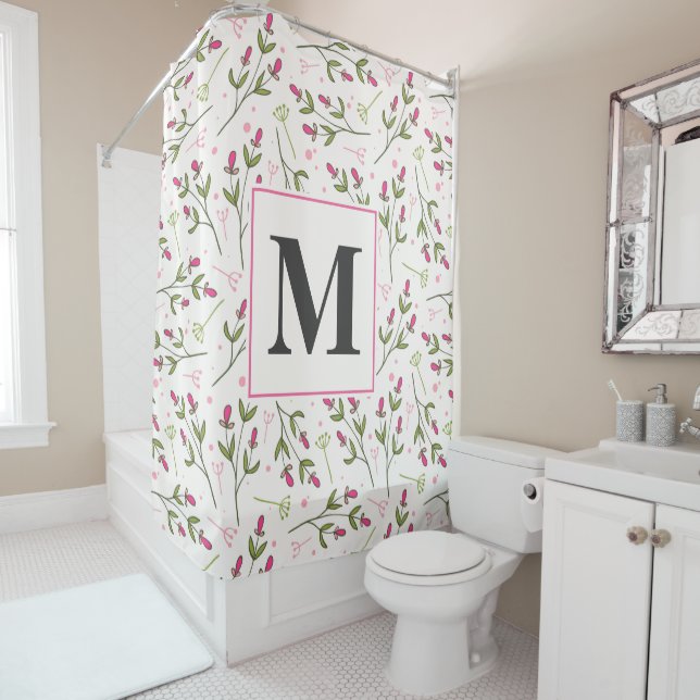 Rideaux De Douche Monogramme Fleur sauvage rose et vert à longue tig (En situation)