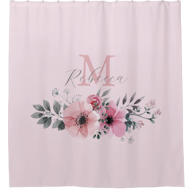 Rideaux De Douche monogramme floral chic couleur rose pâle (Devant)