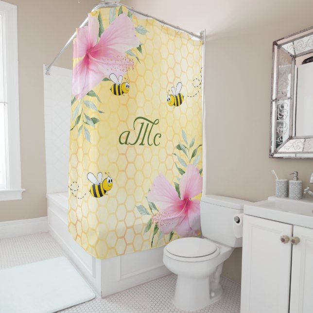 Rideaux De Douche monogramme floral rose jaune nid d'abeille (En situation)