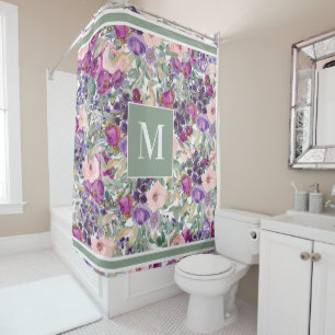 Rideaux De Douche Monogramme Floral rose pourpre Boho vert