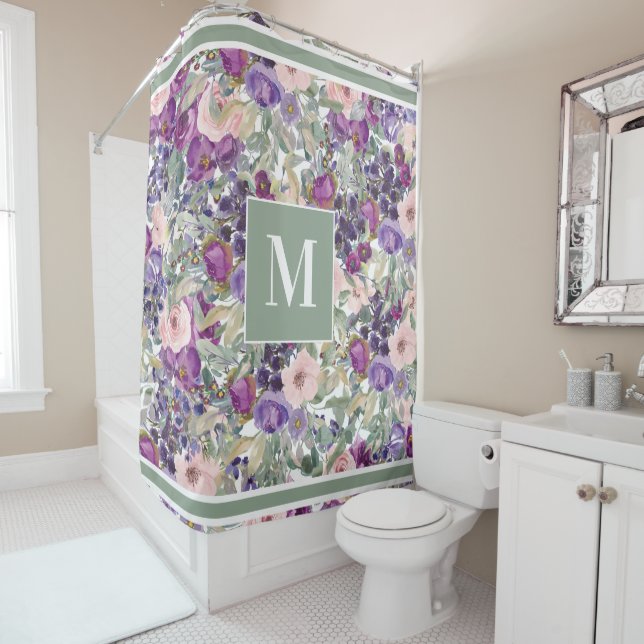 Rideaux De Douche Monogramme Floral rose pourpre Boho vert (En situation)